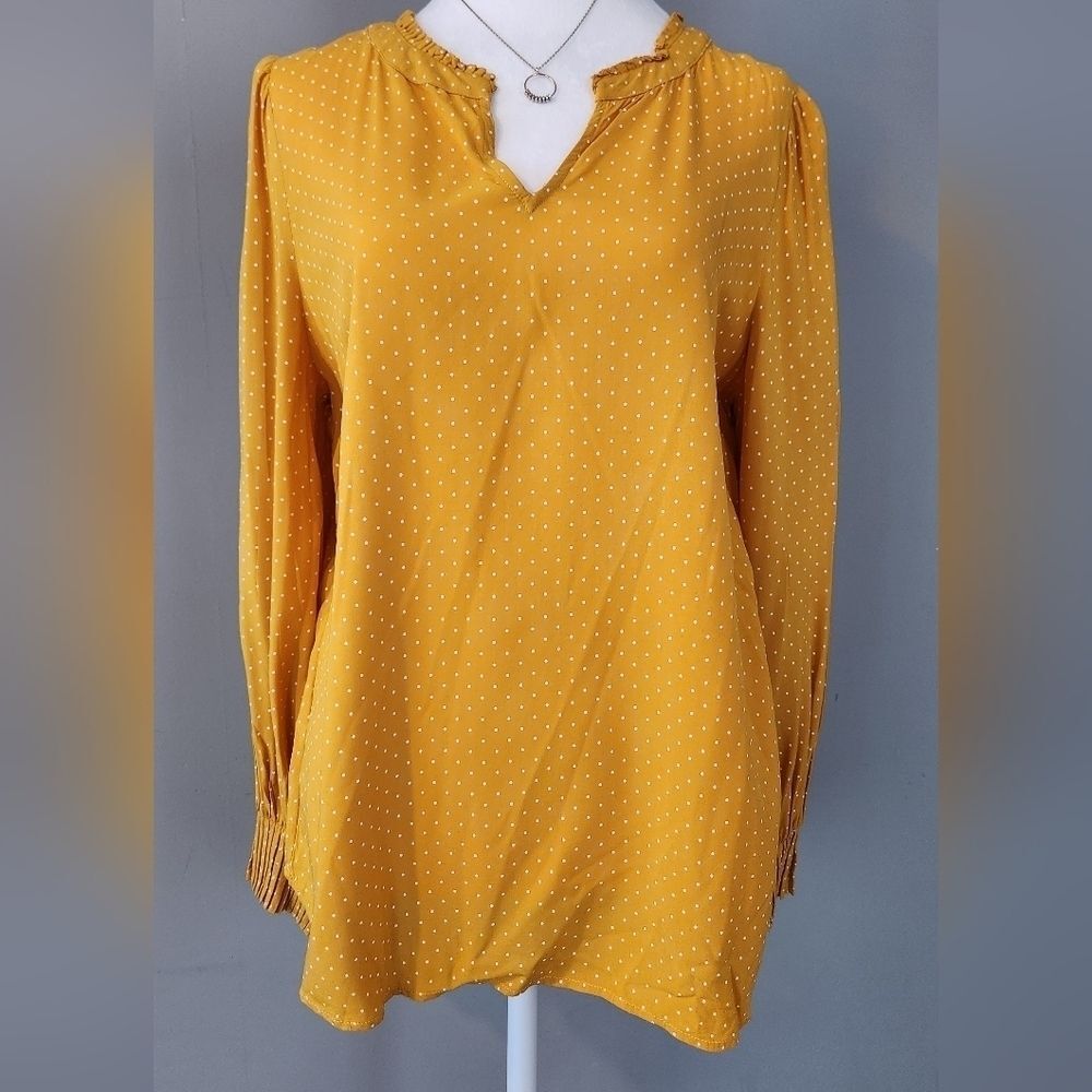 Talbots Mustard Yellow Dots Blouse. Sz M. Preppy Boho Chic Cottage Novelty Print